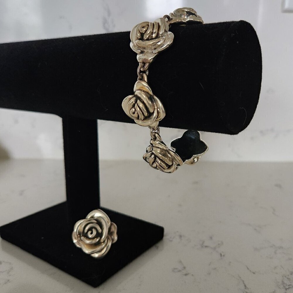 Sterling Silver Rose Flower Ring & Bracelet Set